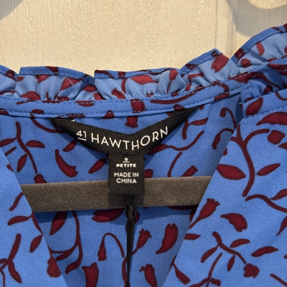 41 Hawthorn Blue and Dark Red Floral Fly Away Short Sleeve Blouse - Picture 5 of 5